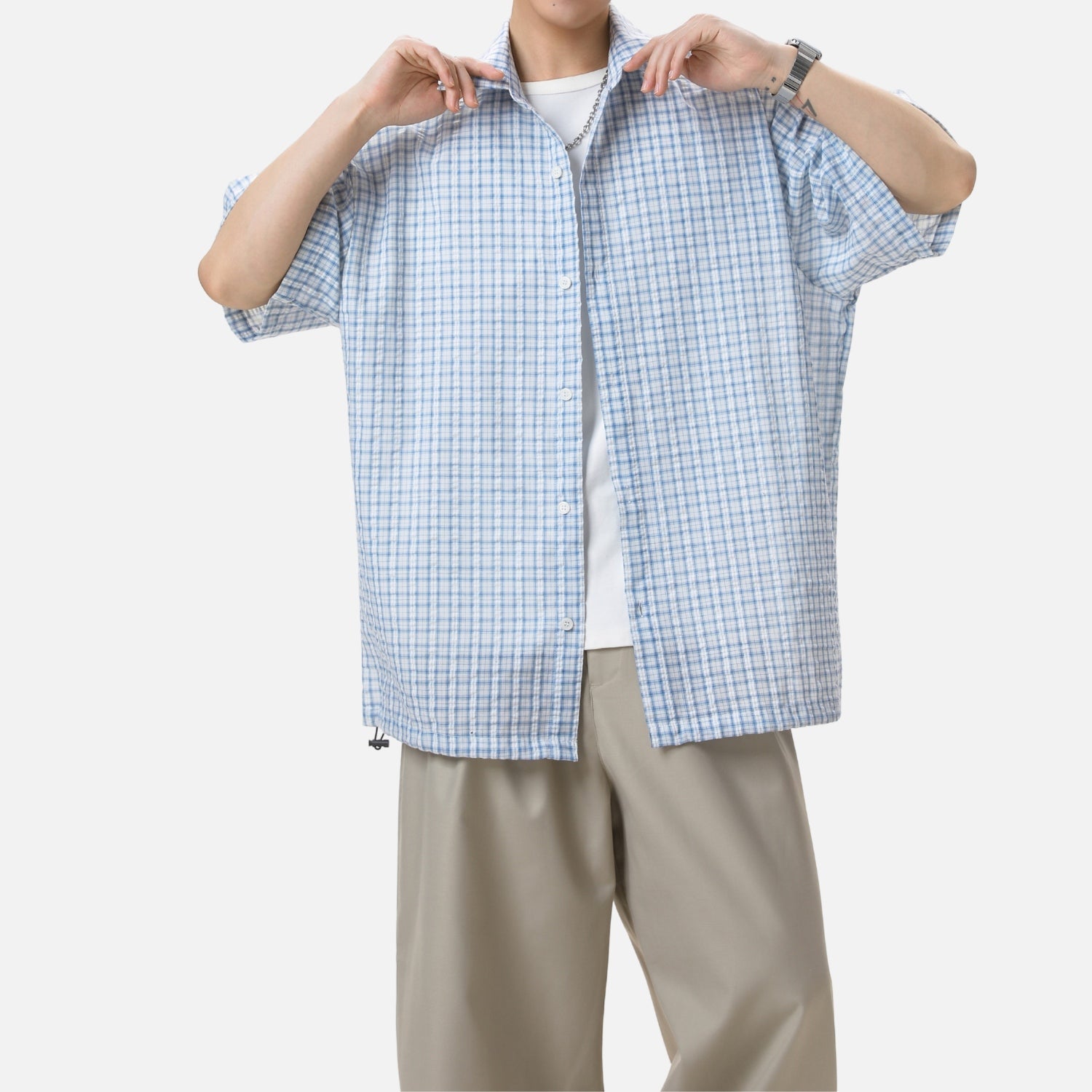 Adjustable Hem Plaid Shirt