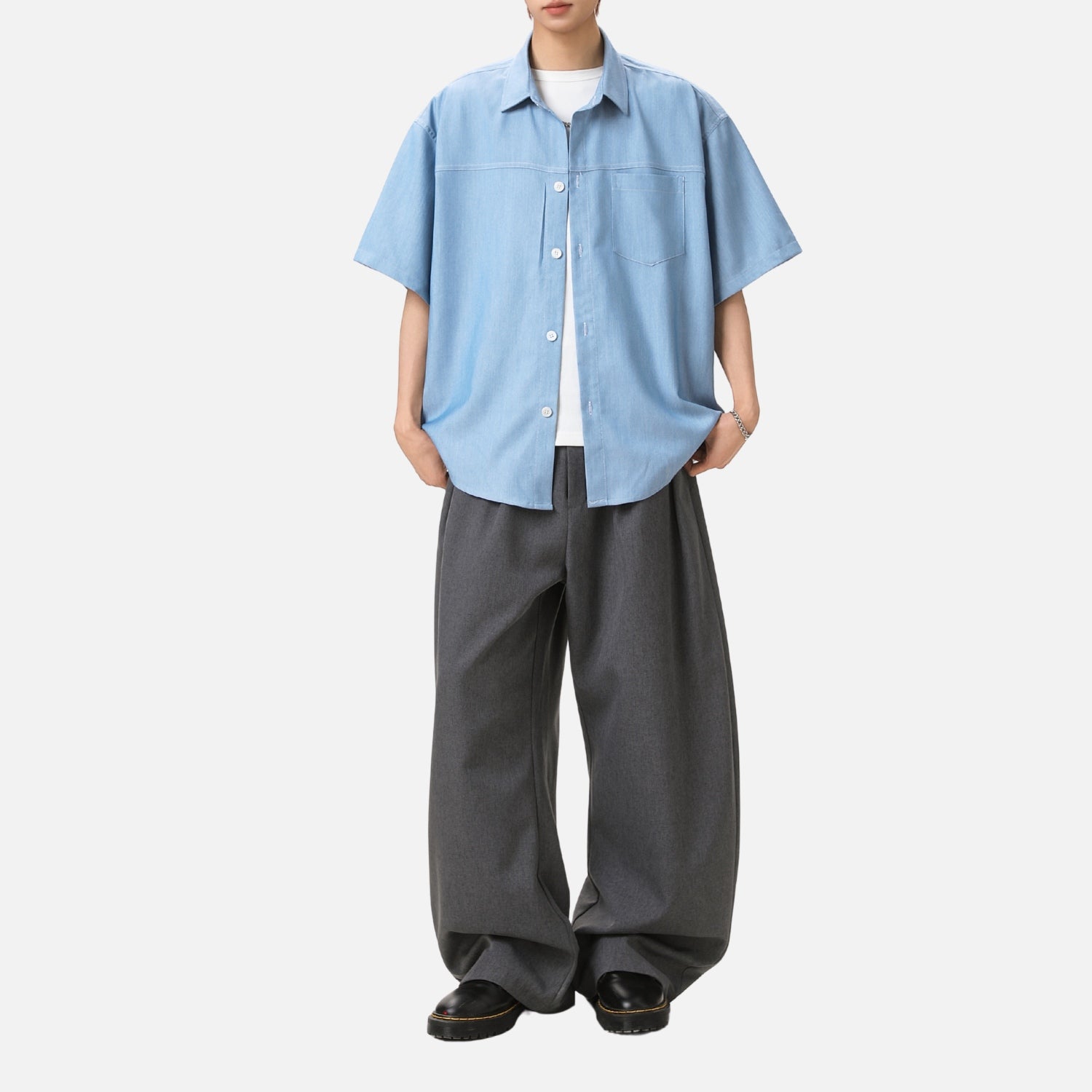 Retro Contrast-Stitch Denim-Look Shirt