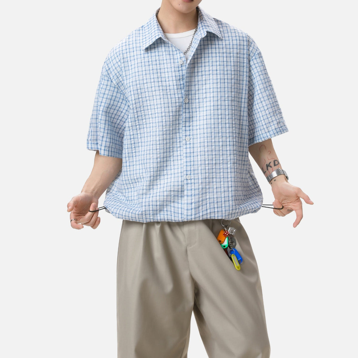 Adjustable Hem Plaid Shirt