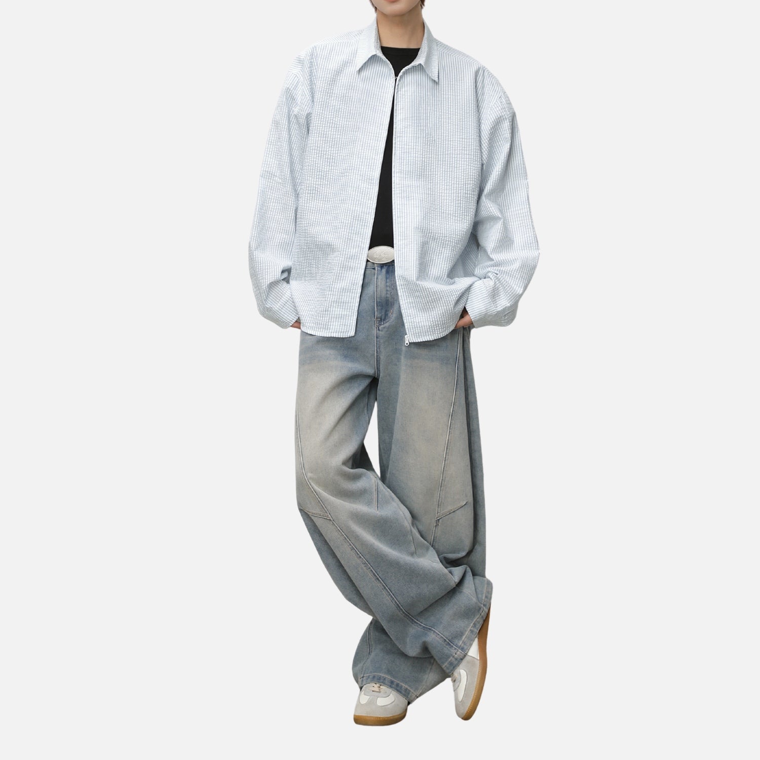 Japanese Zip-Up Striped Shirt Jacket